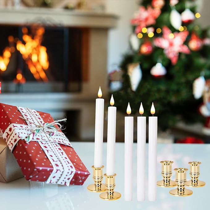 LED Flameless Window Candles with Remote Timer 10 PCS Battery Operated Flickering Taper Candle Lights with Removable Gold Candle Holders Best Gift for Xmas Wedding Home Dinner Decor