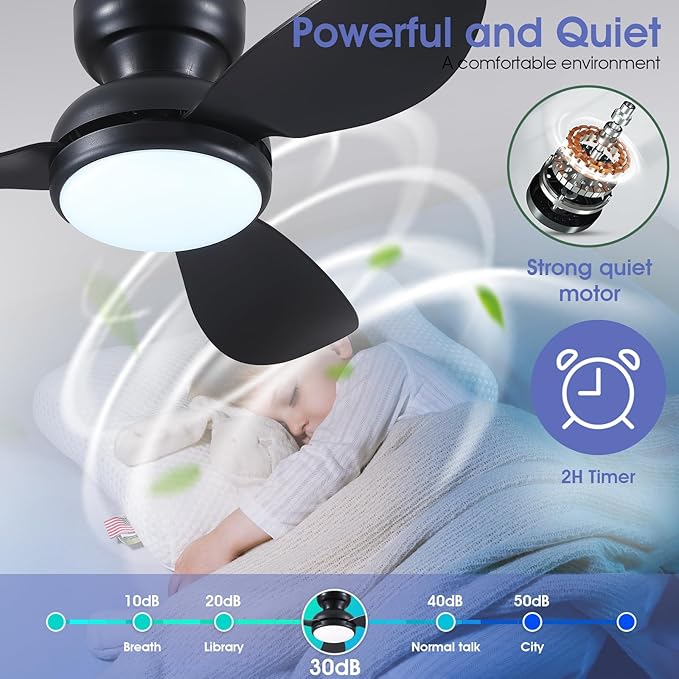 36 Inch Flush Mount Ceiling Fan with Light, 3 Reversible Blades, Remote & APP Control, 3 CCT Dimmable for Bedroom Living Room, Black