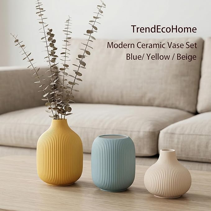 Set of 3 Small Matte Vibrant Ceramic Vases in Light Blue, Mustard Yellow and Beige - Modern Minimalist Ribbed Decor for Centerpiece, Farmhouse Living Room, Kitchen Shelf, Gift Idea
