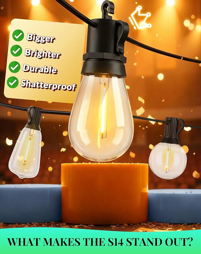 Outdoor String Lights LED Patio-Light - 50Ft Outside Waterproof Dimmable Porch Lights with Remote Shatterproof S14 Bulbs Outside Hanging Light Connectable Lighting for Gazebo Backyard Bistro Pergola