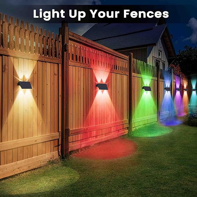 Fence Lights Solar Powered, 4-Pack Solar Fence Lights Up/Down Flexible Buttons, IP67 Waterproof for Outdoor, 100LM Bright, Auto Dusk to Dawn for Wall/Stairs/Yard/Railing/Deck/Pathway (White & RGB)