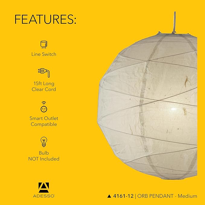 Adesso Orb Medium Pendant with Collapsible Rice Paper Shade – 15ft Cord, 19” Diameter – Stylish Ceiling Lighting