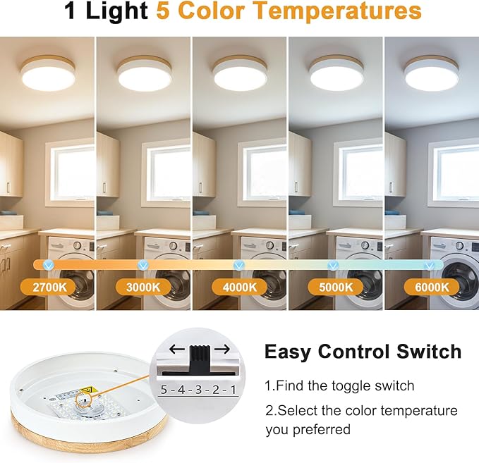 Modern Dimmable Wood Ceiling Light, White Round LED Flush Mount Ceiling Lighting Fixtures, Minimalist Ceiling Lamp for Kitchen Bedroom Laundry Room Living Room Entryway Hallway&11.81 in