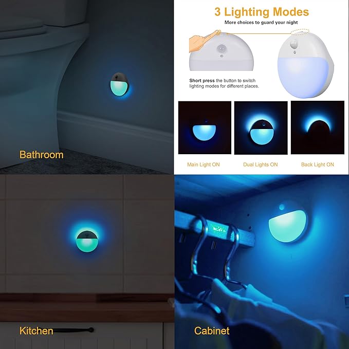 2 Pack Azure Battery Night Light, Motion Activated Night Light, 2.6" Small Sticky Lights, 3 Light Modes, Dimmable Battery Operated Lights for Travel, Toilet, Bathroom, Closet, Stairs,Corridor