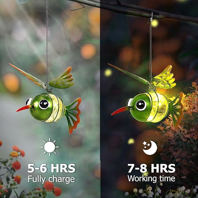 Solar Hanging Hummingbird Lights LED Outdoor Waterproof Powered Garden Decor Light Unique Decorations for Sister Birthday Gardening Gifts for Mom Women Yard Path Backyard Front Porch Balcony