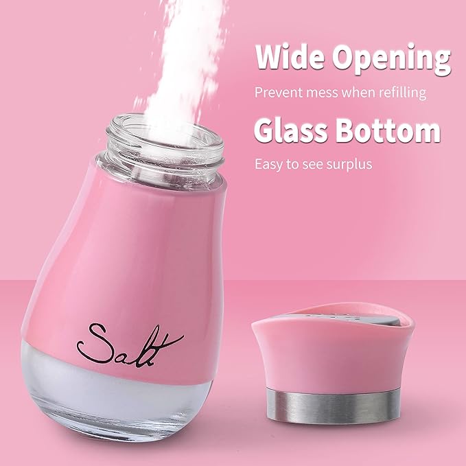Lonffery Salt and Pepper Shakers Set - Salt Containers for Gifts, Kitchen Decor, Home, RV, Camp, BBQ, 4 oz Farmhouse Spice Dispenser with Glass Bottom, Pink, Set of 2