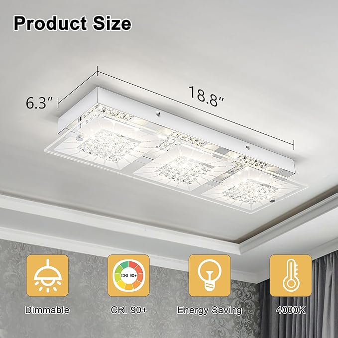Crystal Ceiling Light Flush Mount Rectangle Ceiling Light Fxiture Modern Hallway Light LED Dimmable 4000K for Kitchen, Bathroom, Bedroom, 18W