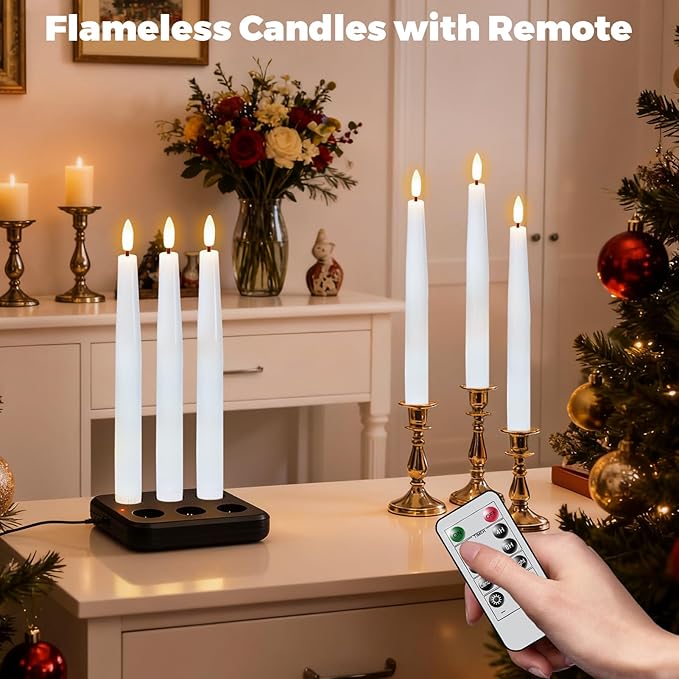 Wondise Rechargeable Flameless Taper Candles, Battery Operated Candles with Remote&Timer, Real Wax LED Candlesticks 3D Wick Flickering for Home Wedding Christmas Decor