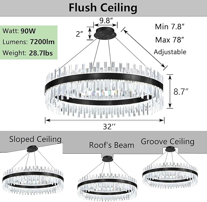 Glam Crystal Chandelier Interior Ring Chandeliers with Remote Dimmable LED Light Adjustable Hanging Lights Luxury Ceiling Pendant Lighting Fixtures for Living Dining Bedroom Foyer Black Light