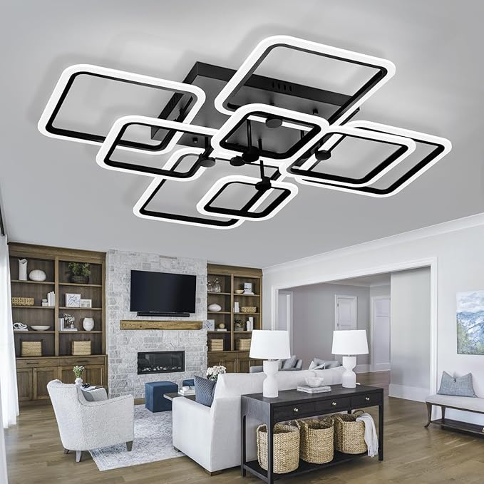 Dimmable Modern LED Ceiling Light 8-Square Black Flush Mount LED Ceiling Light with Remote for Living Room Bedroom Close to Ceiling Light Fixture