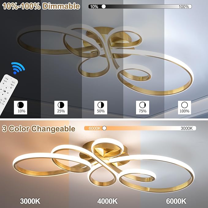 56W Modern LED Ceiling Light, Flower Flush Mount Light Fixture with Remote Control Gold Dimmable Ceiling Lamp for Living Room, Bedroom, Dining Room, Hallway, Kitchen