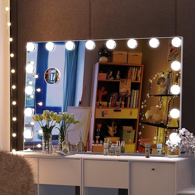 BEAUTME Large Vanity Mirror with Lights, 35.9''×24.3'' Makeup Mirror, Light up Mirror with 16 Dimmable LED Lights and 10X Magnification, 3 Colors Lights Modes, Touch Control, White