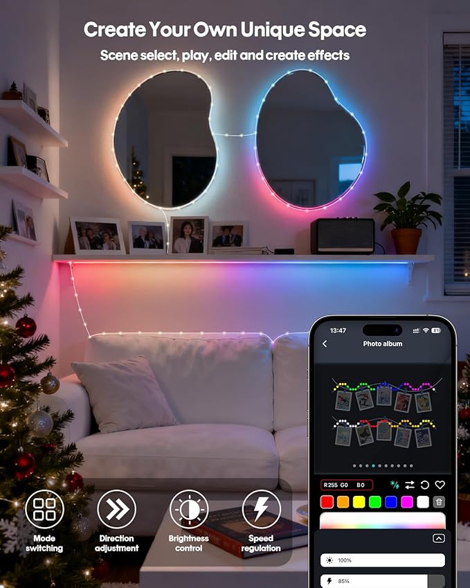 Smart Fairy Lights 98.4Ft 300LEDs, Color Changing led String Lights with Remote & APP Control, DIY RGB-IC Dynamic Multicolor Twinkle Lights for Indoor Christmas Room Bedroom Party Decor
