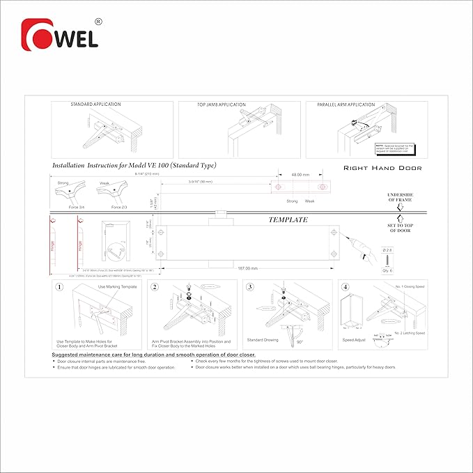 OWEL - Automatic Adjustable Door Closer for Residential/Commercial use, Heavy Duty with Slim Look and Easy Installation (Standard VE100)
