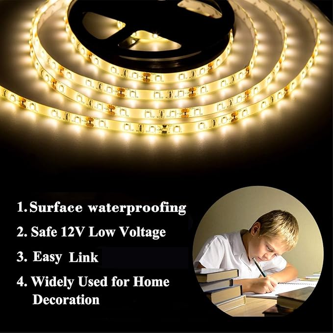 50ft Warm White Led Strip Lights, 12V Waterproof Flexible Led Light Strip, Cuttable Dimmable led Rope Tape Light Indoor for Bathroom, Fish Tank, Bedroom, Kitchen