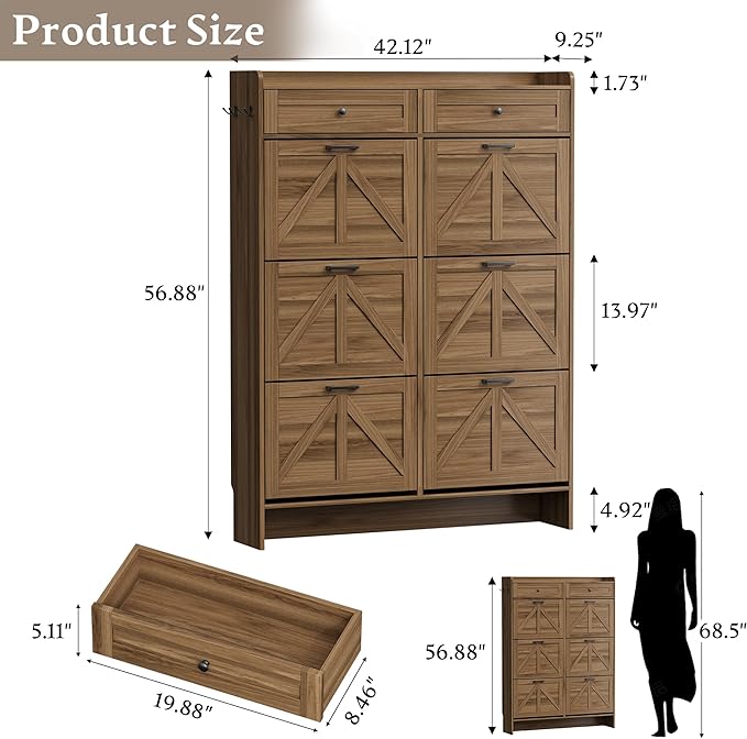 Shoe Cabinet for Entryway, Farmhouse Shoe Storage Cabinet with 6 Flip Drawers and 2 Top Drawers, Tall Narrow Shoe Organizer Cabinet with Adjustable Shelves, Side Hooks and Anti-Tip Kit