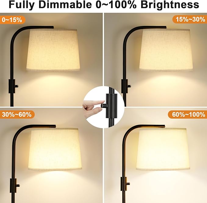Ambimall 𝐅𝐮𝐥𝐥𝐲 𝐃𝐢𝐦𝐦𝐚𝐛𝐥𝐞 Floor Lamp - Floor Lamps with 9W 𝐋𝐄𝐃 Bulb, Standing Lamps for Living Room with Adjust Head, Modern Standing Tall Light Rotary Switch for Office(Black and Beige)
