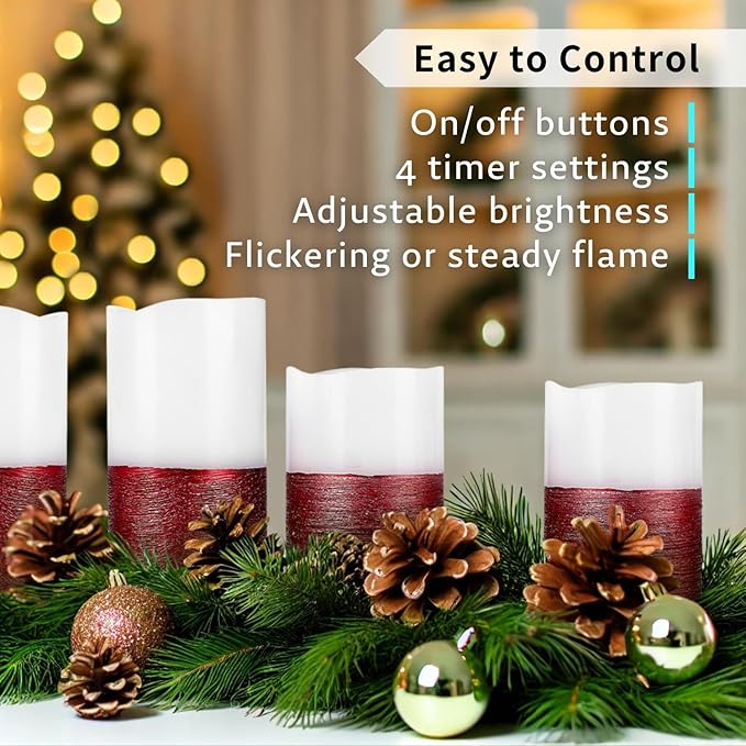 FURORA LIGHTING Red Real Wax Trim Candles with Remote and Timer, Pack of 8 Pillar & Votive Candles, LED Flameless Flickering Candles for Home Décor, Battery Included
