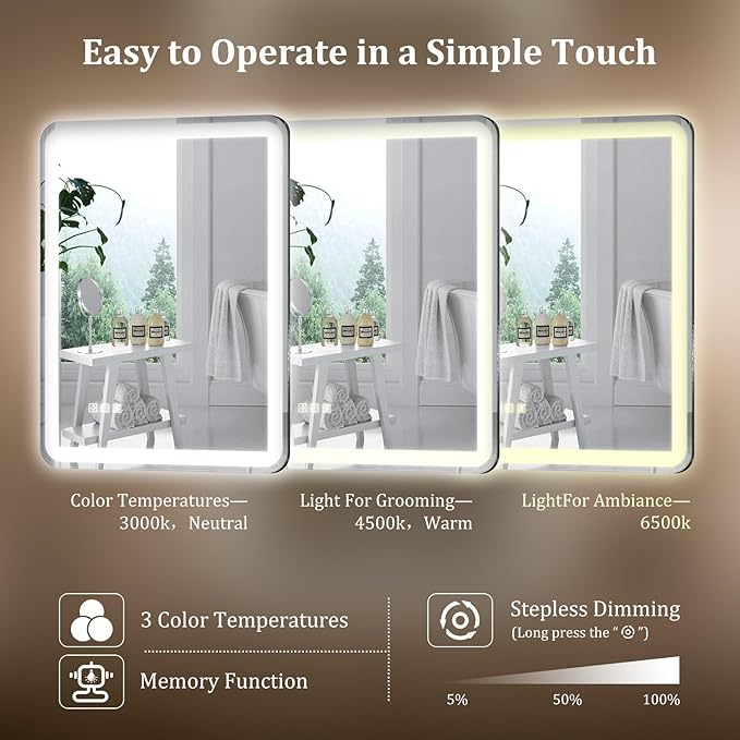 24"X32" LED Bathroom Mirror with Lights, Mirror for Bathroom Wall with Frontlit and Backlit,IP54 Enhanced Anti-Fog,Bathroom Vanity Mirror 3 Colors Dimmable CRI>90 Double Lights,Tempered Glass(R-Angle)