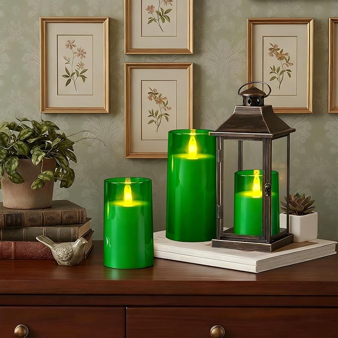 Raycare St. Patrick's Day Flameless Electronic Pillar Candles with Remote Control and Timer- Battery Operated Realistic Flickering LED Fake Candle for Home, Wedding Decor,Green,Set of 3(3"x4"5" 6")