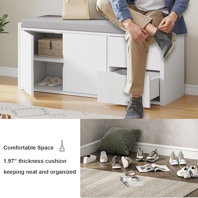 LVB Storage Entryway Bench, Long Shoe Bench with Drawers Storage Shelf, Modern Entry Way Bench with Padded Cushioned Seating, Wood Shoe Rack Benchs for Foyer Entrance Living Bedroom, White Oak, 40in