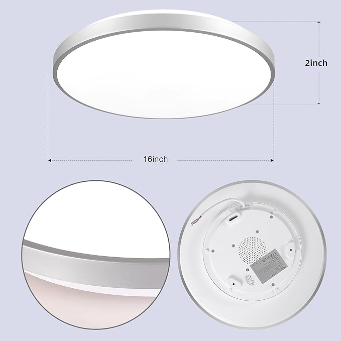 HOREVO LED Bluetooth Ceiling Light with Speaker Remote Control‌ Dimmable RGB Color Changing, Modern Flush Mount for Living Room, Bedroom, Kitchen, Laundry，Silver 16inch