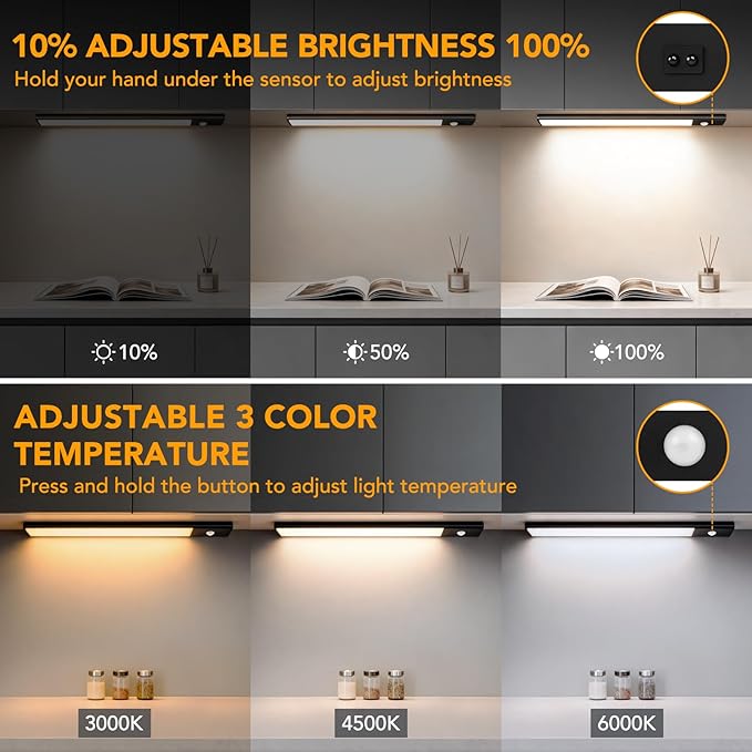 80 LED Motion Sensor Under Cabinet Lights with Hand Wave, 3 Color Temps Indoor Dimmable Closet Light, Rechargeable Wireless Magnetic Strip Night Lights for Hallway, Stairway, Wardrobe(2 Pack, 12 inch)