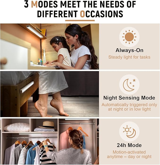 8inch Under Cabinet Lighting, 2 Pack Pantry Lights Motion sensored,3 Modes & Dimmable Stick-On Wireless Closet Lights for Kitchen, Stairs, Cabinet (White)