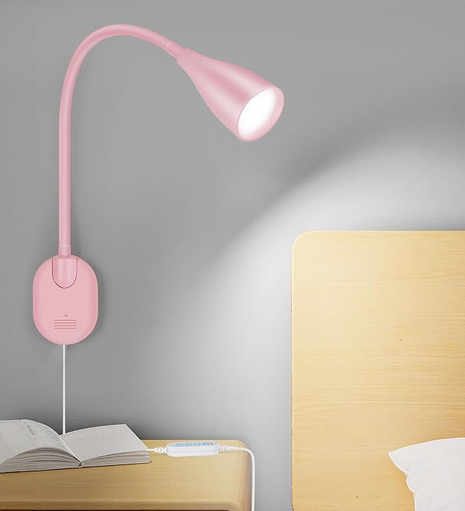 Wall-Mounted LED Bedside Reading Light with USB Charging Port, 10-Level Dimmable & Adjustable 5 Color, Plug-in Adhesive Night Lamp for Books in Bed, Eye-Caring Bedroom Lighting (Pink)