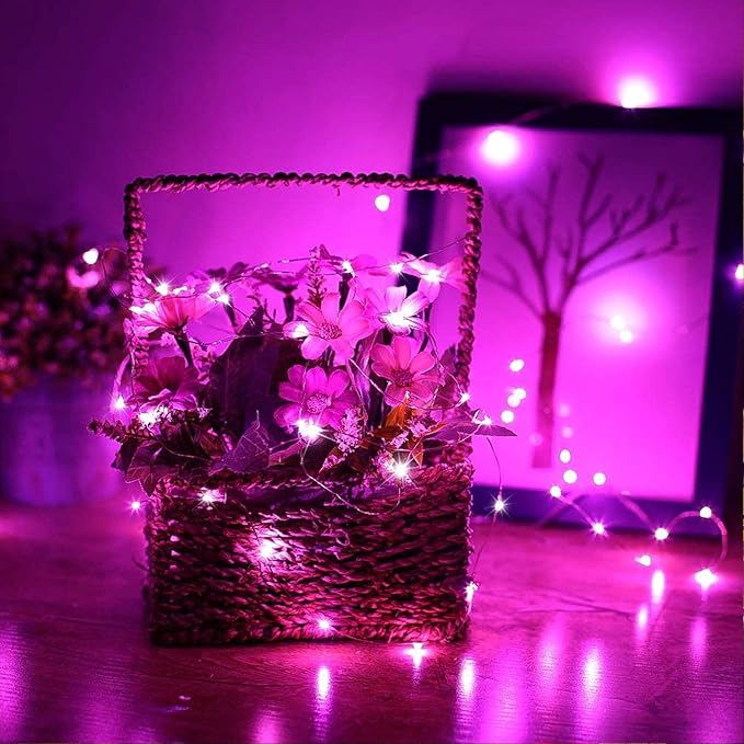 RUICHEN Silver Wire Fairy Lights Plug in 33 Ft 100 LED String with Spool, Pink