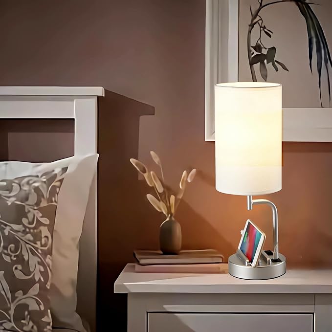 Dreamholder Touch Control USB Table Lamp, Upgraded 3-Way Dimmable Bedside Desk Lamp with USB C & A Charging Ports and AC Outlet, Nightstand Lamp for Bedroom, Dimmable Bulb Included, Silver
