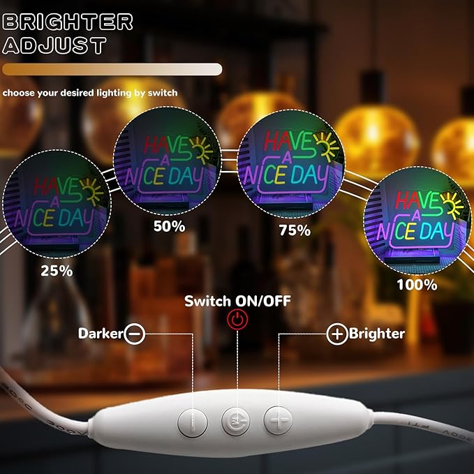 Happy A Nice Day Neon Sign for Wall Decor, Dimmable Colorful Letter Neon Lights, USB Powered Happy A Nice Day Led Light Up Sign for Bedroom, Room, Studio, and Office Wall Decor