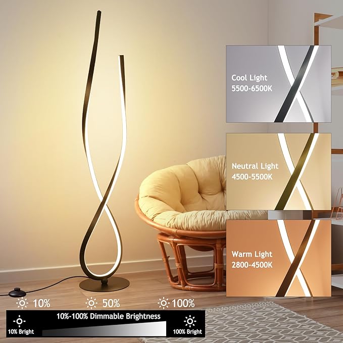 NUÜR Modern Spiral LED Floor Lamp, 59" Ultra-Bright Black Standing Lamp with Remote Control, Arched Floor Lamp for Living Room, Bedroom, Home, Office