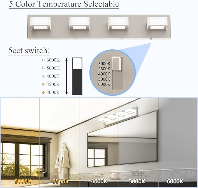 Ralbay 5 Color Temperature Brushed Nickel Vanity Lights for Bathroom Dimmable Acrylic Modern LED Bathroom Lighting Fixtures Brushed Nickel