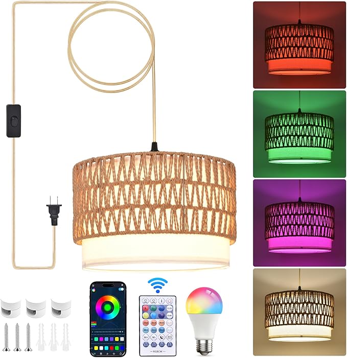 Hanging Lamp Plug in Pendant Light, 15FT Hanging Lights with Plug in Cord, Hanging Light with Bulb and Remote, Hanging Lamps for Bedroom, Living Room, Kitchen, Farmhouse