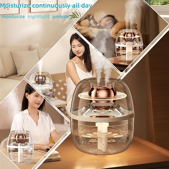 JINGYAN 3L Ultrasonic Cool Mist Humidifier - Transparent Tank, Easy to Clean, Dual Spray for 20H Quiet Mist Time, Night Light, Auto Shut-Off for Large Bedroom, Office, Plant Care (Pink)