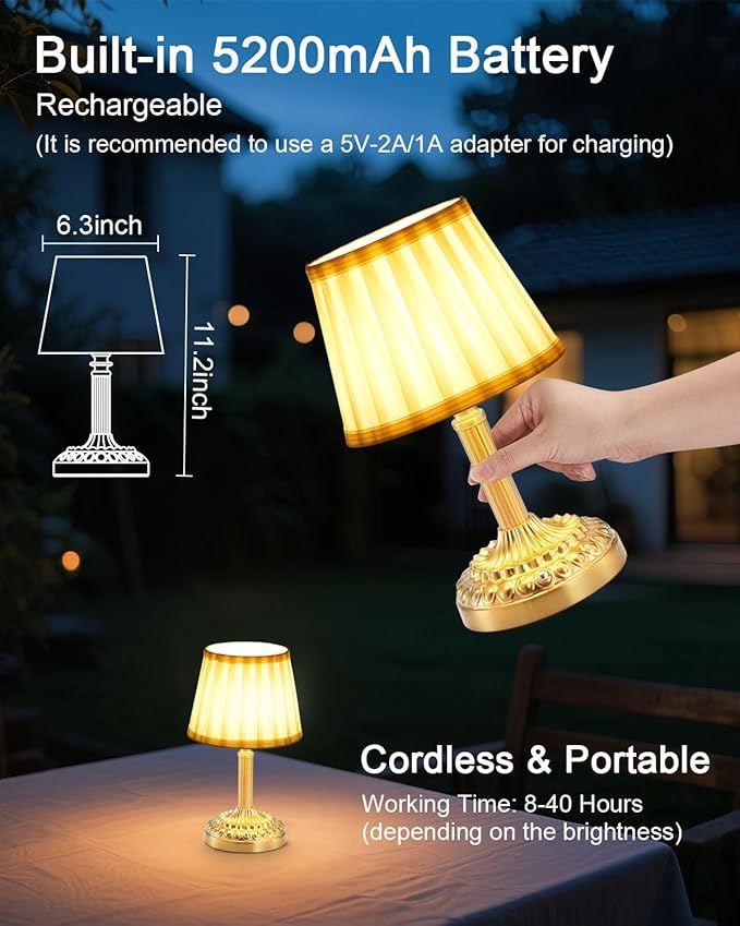 2 Pack Rechargeable Cordless Table Lamps for Restaurant Dining Table, 5200mAh Small Battery Operated Lamp, Portable Dimmable Touch Bedside Night Light for Bedroom Kitchen Bathroom Patio