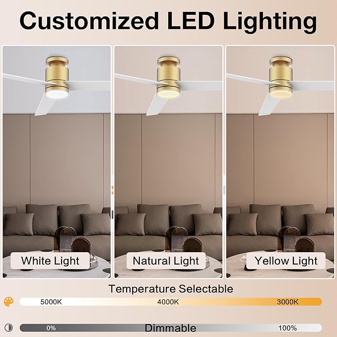 52” Smart Flush Mount Ceiling Fans with Lights Remote,Quiet DC Motor,Outdoor Indoor Low Profile Ceiling Fan,Voice Control via WiFi Alexa App,Modern Gold and White Black Fan for Bedroom Patio