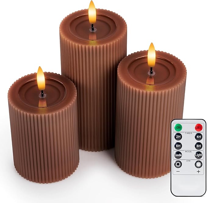 WYZworks Fluted Ribbed LED Pillar Candles, Brown, with Realistic Reflective Melted-Wax Effect – Flickering Flame, Remote, Dimmable, Flameless, Battery Operated, Home & Wedding Decor (Set of 3)