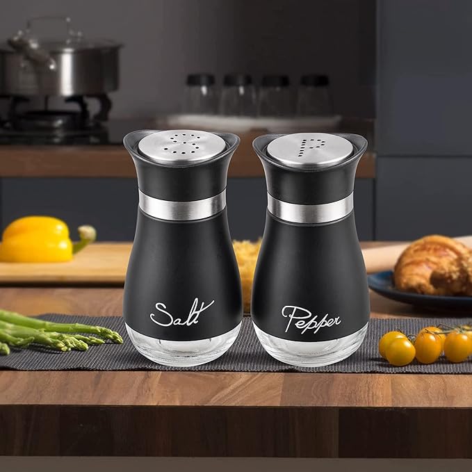 Lonffery Salt and Pepper Shakers, Stainless Steel and Glass Bottle, Set of 2, Black
