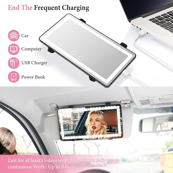 SINGARO 2PCS Car Sun Visor Vanity Mirror - Rechargeable Makeup Mirror with 60 LEDs, 3 Light Modes & Dimmable Touch Control for Cars, Trucks, SUVs, Car Interior Accessories for Women (Black)