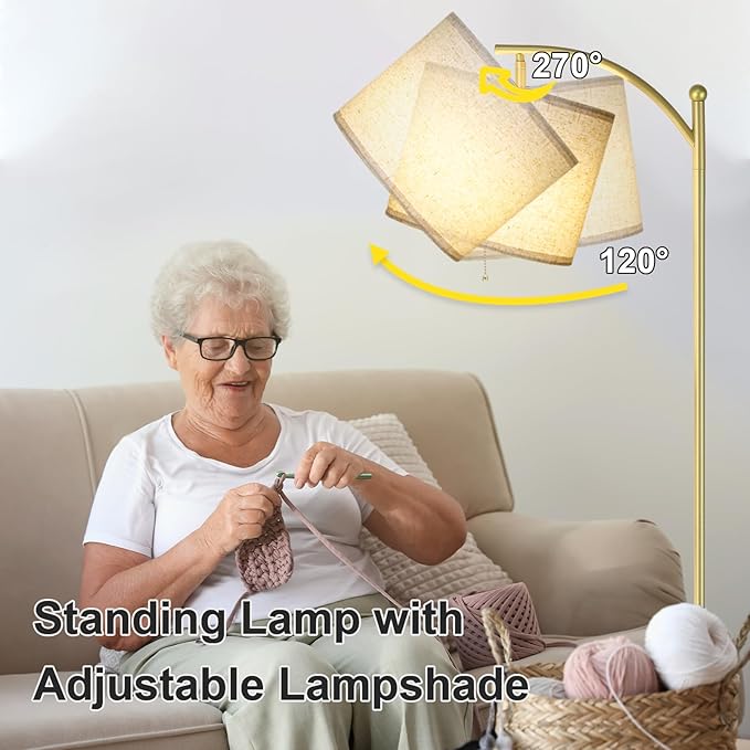 Floor Lamp for Living Room, Dimmable Floor Lamp with Foot-Step Switch Standing Lamp with Linen Shade Reading Lamp for Living Room Bedroom Office Dining Room, 9W Bulb Included (Gold)