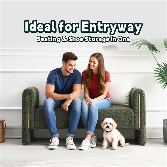 Modern 52" Storage Ottoman Bench, Upholstered End of Bed Storage Bench with Armrests, Entryway Bench, Teddy Foot Rest Stool for Living Room Hallway Bedroom (Green)
