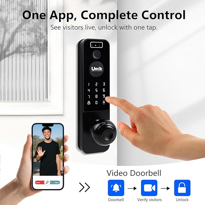 UMIKSMART Video Smart Door Lock with Camera, 3D Face Recognition & Fingerprint, WiFi Keyless Entry Deadbolt with Doorbell, Digital Keypad, Tuya App Control for Home Apartment, Black