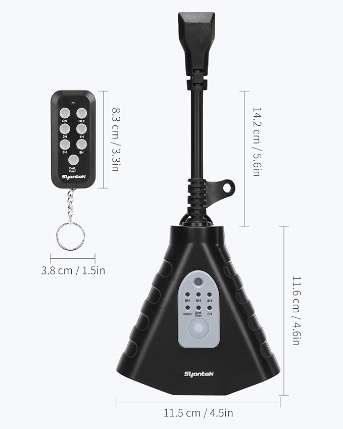 Outdoor Light Timer, Waterproof Outdoor Remote Control Outlets, Dusk to Dawn Light Sensor and Countdown Timer, 100 ft Range Remote Control with 3 Ground Outlets, ETL Listed