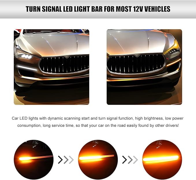 2 PCS Exterior Car LED Lights, 13.5 Inches Flexible LED Daytime Running Light Strip, Waterproof 12V Headlight Sequential Flowing Turn Signal for SUV Truck RV, Car Accessories