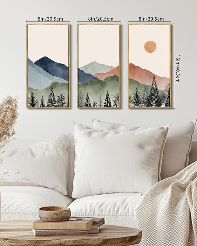KUVIOKE Watercolor Mountains Range Landscape Wall Art Framed Tree Nature Wall Decor Sun Rises Prints Bedroom Living Room Ready to Hang 8x16in3pcs Natural Framed