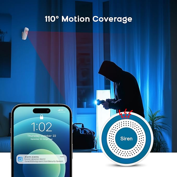 LWOHSI Home Security Systems with Door/Window Sensors and Motion Detectors,Wireless Burglar Alarm Kits with APP Real-Time Alerts,Compatible with Alexa & Google,No Monthly Fee (A519W-US-D)