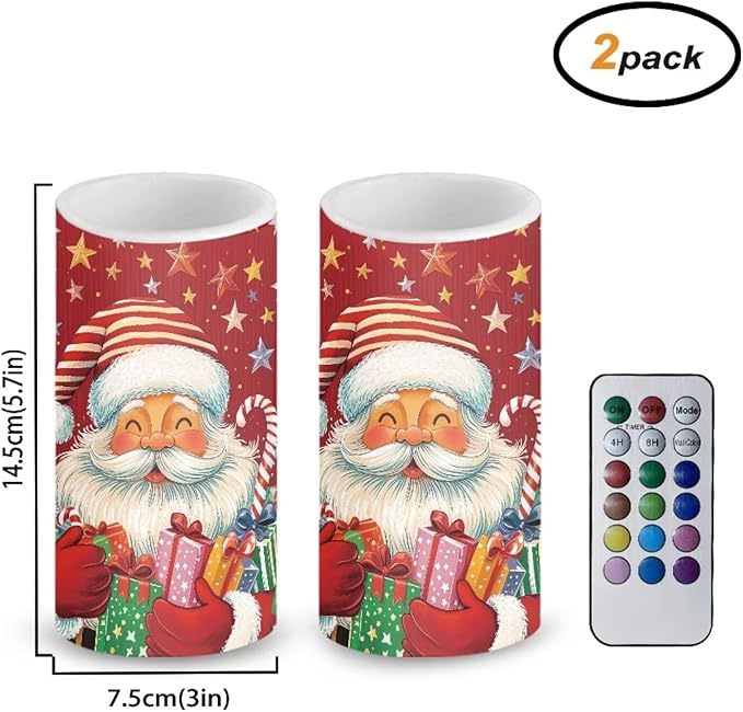 Red LED Candles with Remote Flickering Flameless Candles Santa Claus Stars Battery Operated Fake Pillar Candles Christmas Decorations for Bedroom Living Room Dining Room Table Decor