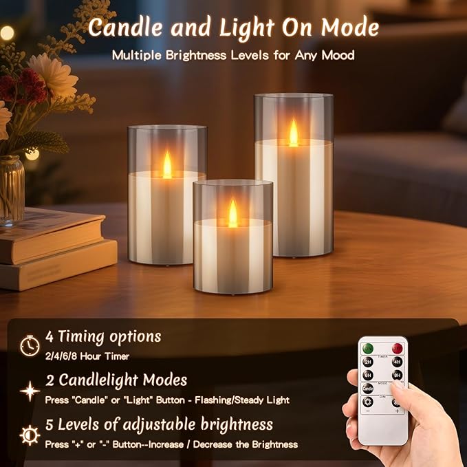 3PC Radar Motion Sensor Rechargeable Led Candles, Flameless Flickering Candle with Remote & Timer, Real Wax in Glass with Flickering Warm Light for Festival, Bedroom, christmas and party Decor-Gray